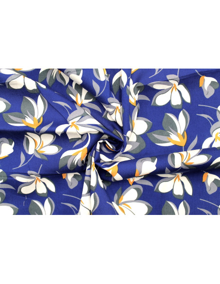 Tissu Popeline Coton Imprimé Fleur Yucca Bleu -Au Mètre