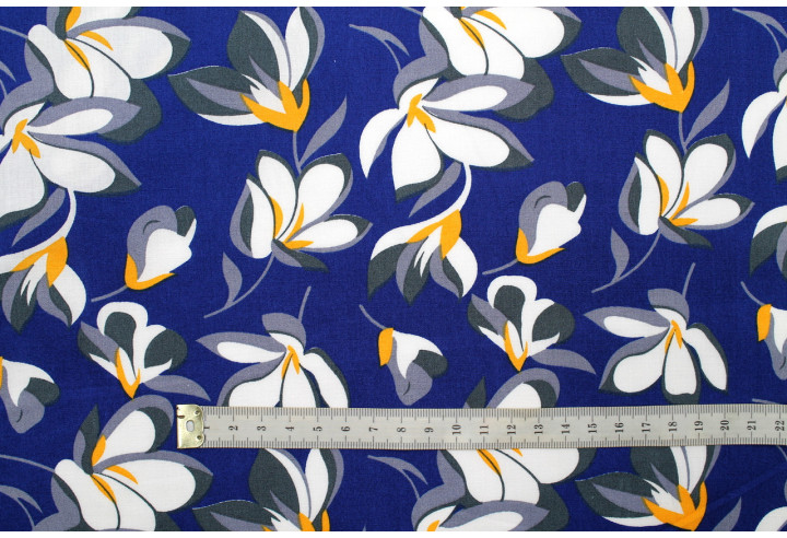 Tissu Popeline Coton Imprimé Fleur Yucca Bleu -Au Mètre