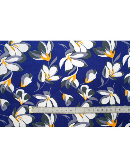 Tissu Popeline Coton Imprimé Fleur Yucca Bleu -Au Mètre