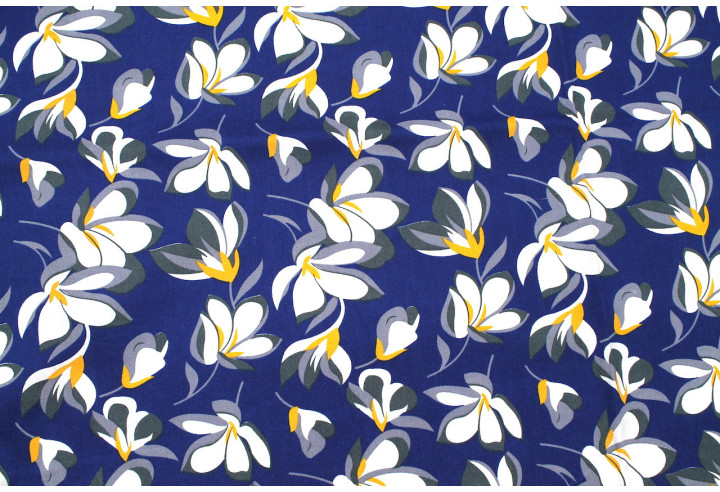 Tissu Popeline Coton Imprimé Fleur Yucca Bleu -Au Mètre