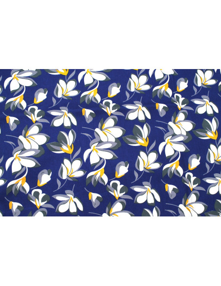Tissu Popeline Coton Imprimé Fleur Yucca Bleu -Au Mètre