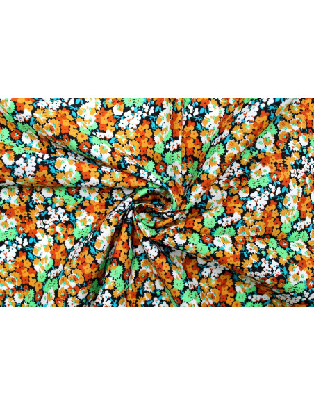 Tissu Popeline Coton Imprimé Fleur Lily Orange -Au Mètre