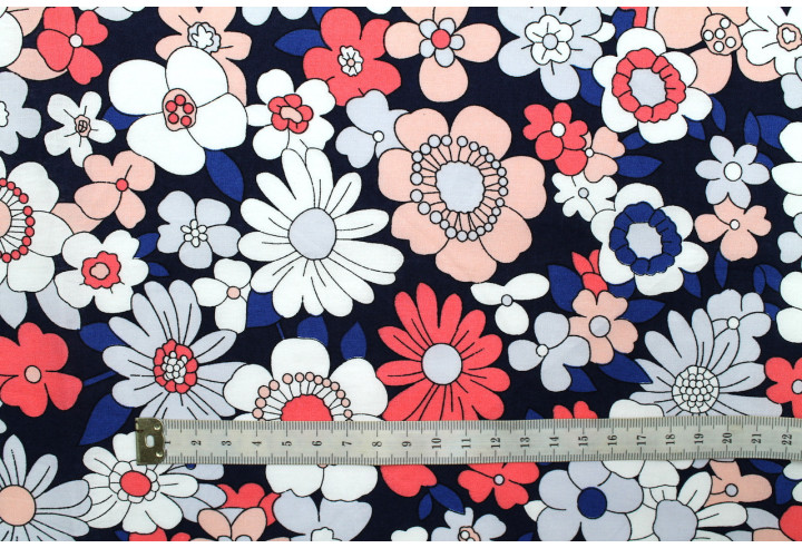 Tissu Popeline Coton Imprimé Fleur Capucine Marine -Au Mètre