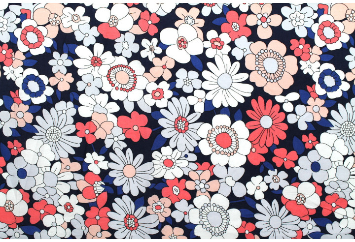 Tissu Popeline Coton Imprimé Fleur Capucine Marine -Au Mètre