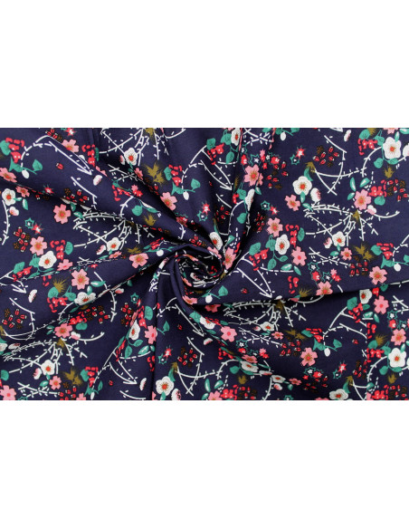Tissu Popeline Coton Imprimé Fleur Nina Marine -Au Mètre