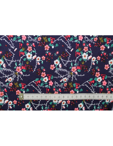 Tissu Popeline Coton Imprimé Fleur Nina Marine -Au Mètre