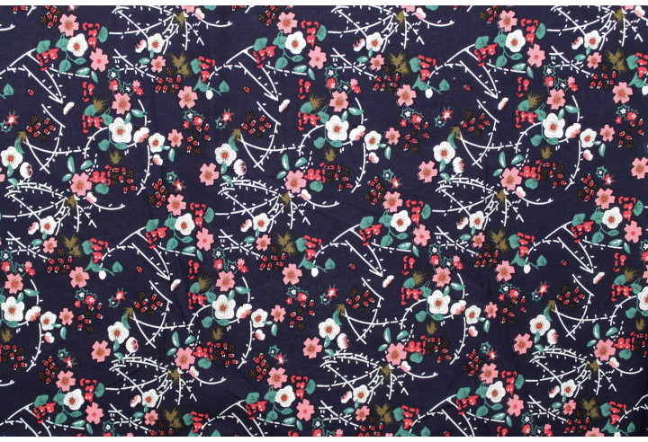 Tissu Popeline Coton Imprimé Fleur Nina Marine -Au Mètre