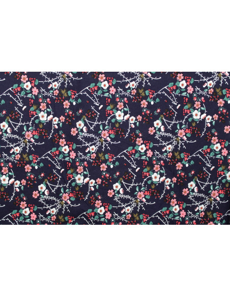 Tissu Popeline Coton Imprimé Fleur Nina Marine -Au Mètre