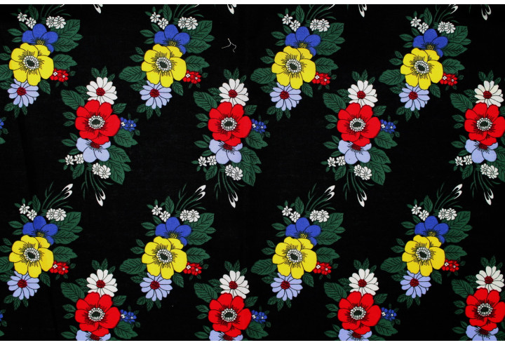 Tissu Popeline Coton Imprimé Rangée de Fleur Noir -Au Mètre