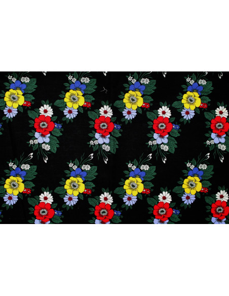 Tissu Popeline Coton Imprimé Rangée de Fleur Noir -Au Mètre