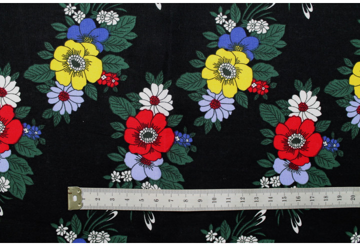 Tissu Popeline Coton Imprimé Rangée de Fleur Noir -Au Mètre
