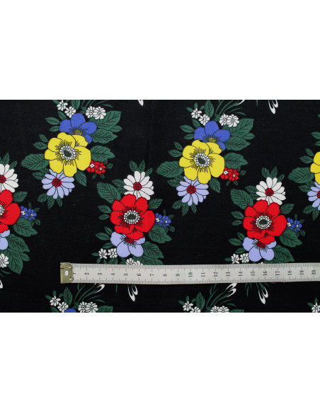 Tissu Popeline Coton Imprimé Rangée de Fleur Noir -Au Mètre
