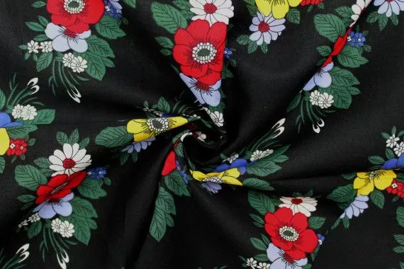 Tissu Popeline Coton Imprimé Rangée de Fleur Noir -Au Mètre