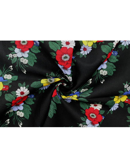 Tissu Popeline Coton Imprimé Rangée de Fleur Noir -Au Mètre
