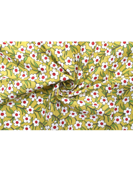 Tissu Popeline Coton Imprimé Fleur Oxalis Moutarde -Au Mètre