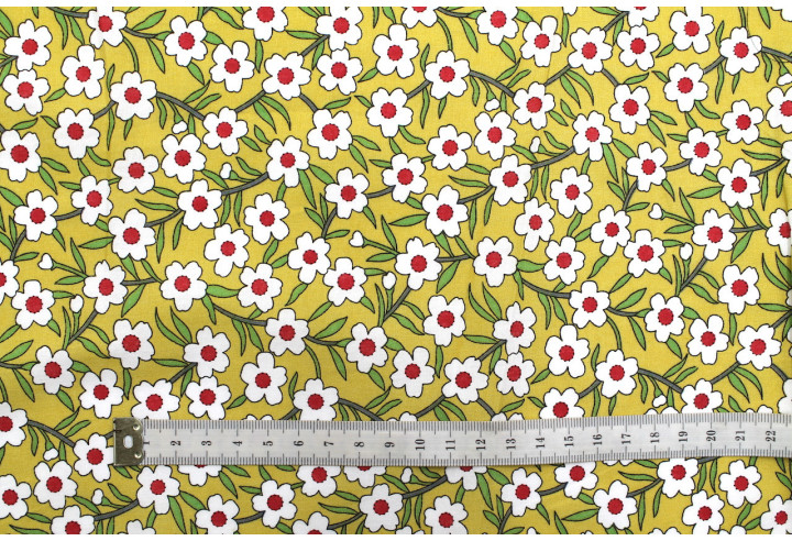 Tissu Popeline Coton Imprimé Fleur Oxalis Moutarde -Au Mètre