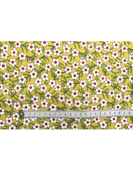 Tissu Popeline Coton Imprimé Fleur Oxalis Moutarde -Au Mètre