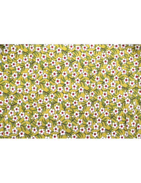 Tissu Popeline Coton Imprimé Fleur Oxalis Moutarde -Au Mètre