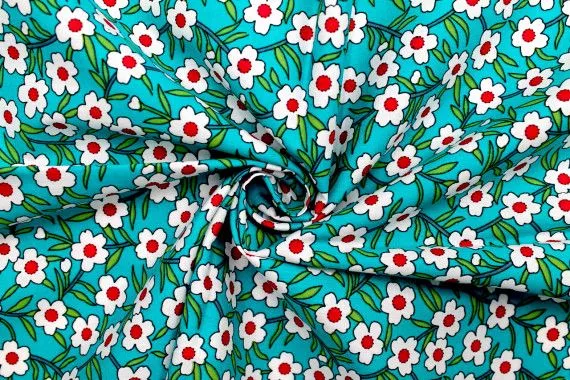 Tissu Popeline Coton Imprimé Fleur Oxalis Turquoise -Au Mètre