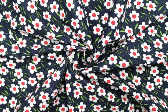 Tissu Popeline Coton Imprimé Fleur Oxalis Noir -Au Mètre