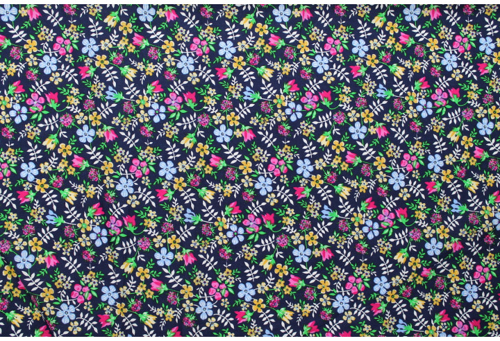 Tissu Popeline Coton Imprimé Fleur Lara Marine -Au Mètre