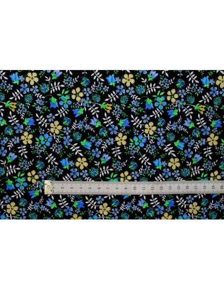 Tissu Popeline Coton Imprimé Fleur Lara Noir -Au Mètre
