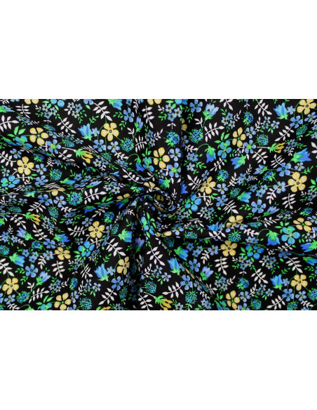 Tissu Popeline Coton Imprimé Fleur Lara Noir -Au Mètre