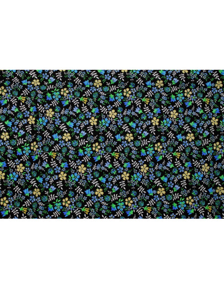 Tissu Popeline Coton Imprimé Fleur Lara Noir -Au Mètre