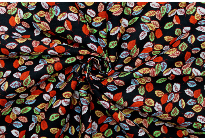 Tissu Popeline Coton Imprimé Feuilles Sweet Noir/Vert -Au Mètre