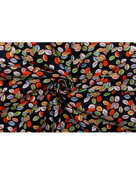 Tissu Popeline Coton Imprimé Feuilles Sweet Noir/Vert -Au Mètre