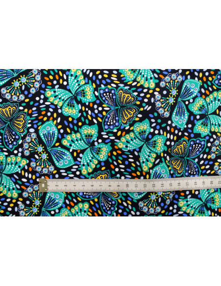 Tissu Popeline Coton Imprimé Papillon Turquoise -Au Mètre