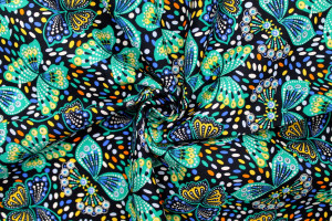 Tissu Popeline Coton Imprimé Papillon Turquoise -Au Mètre