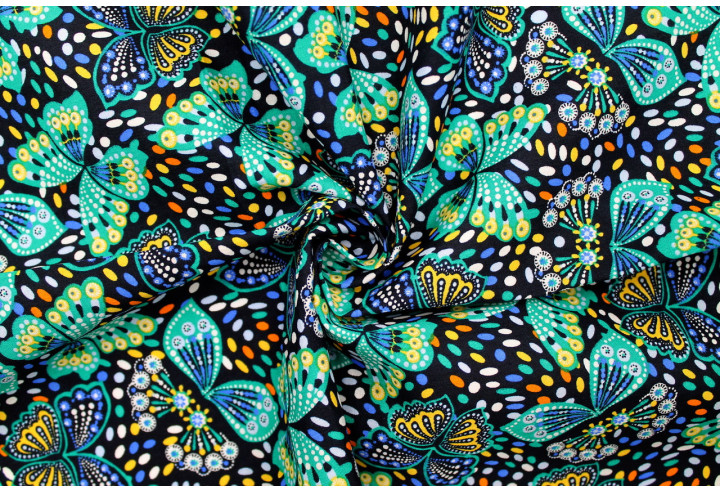 Tissu Popeline Coton Imprimé Papillon Turquoise -Au Mètre