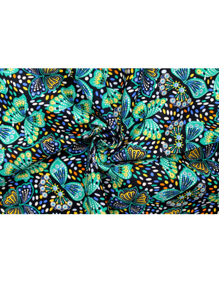 Tissu Popeline Coton Imprimé Papillon Turquoise -Au Mètre