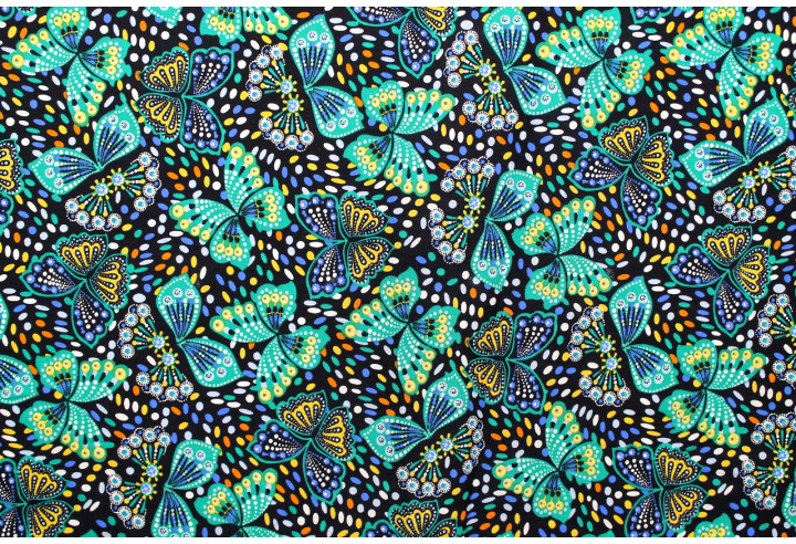 Tissu Popeline Coton Imprimé Papillon Turquoise -Au Mètre