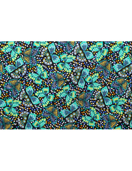 Tissu Popeline Coton Imprimé Papillon Turquoise -Au Mètre