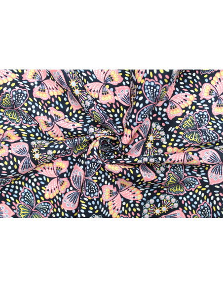 Tissu Popeline Coton Imprimé Papillon Rose -Au Mètre