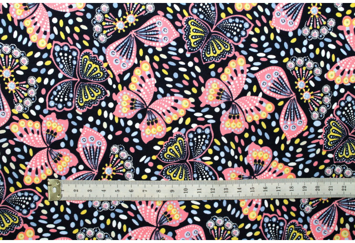 Tissu Popeline Coton Imprimé Papillon Rose -Au Mètre
