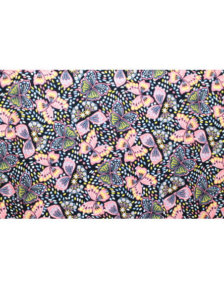Tissu Popeline Coton Imprimé Papillon Rose -Au Mètre