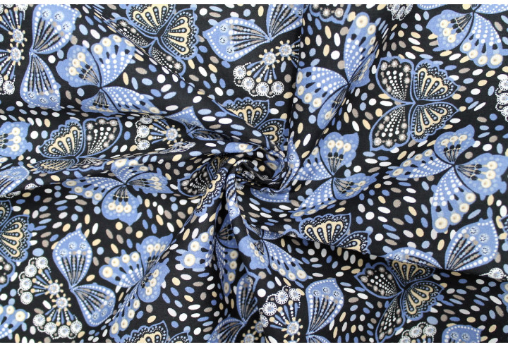 Tissu Popeline Coton Imprimé Papillon Bleu -Au Mètre