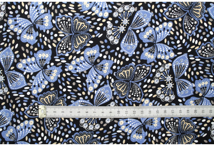 Tissu Popeline Coton Imprimé Papillon Bleu -Au Mètre