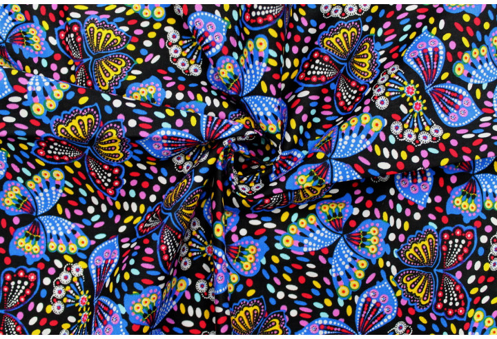 Tissu Popeline Coton Imprimé Papillon Noir -Au Mètre
