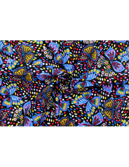 Tissu Popeline Coton Imprimé Papillon Noir -Au Mètre