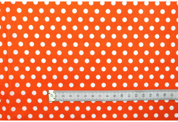 Tissu Popeline Coton Imprimé Fond Orange Pois Blanc -Au Mètre