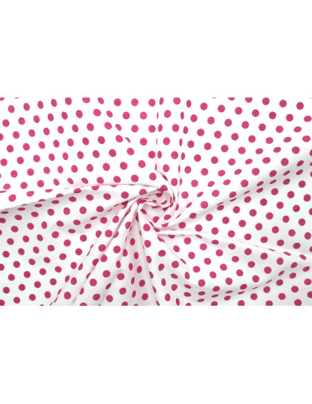 Tissu Popeline Coton Imprimé Fond Blanc Pois Fuchsia -Au Mètre