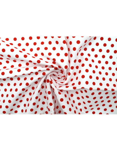 Tissu Popeline Coton Imprimé Fond Blanc Pois Rouge -Au Mètre