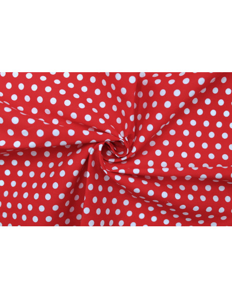 Tissu Popeline Coton Imprimé Fond Rouge Pois Blanc -Au Mètre