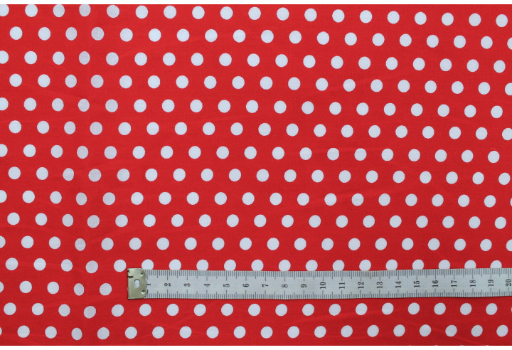 Tissu Popeline Coton Imprimé Fond Rouge Pois Blanc -Au Mètre