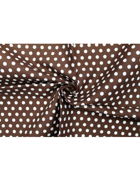 Tissu Popeline Coton Imprimé Fond Marron Pois Blanc -Au Mètre