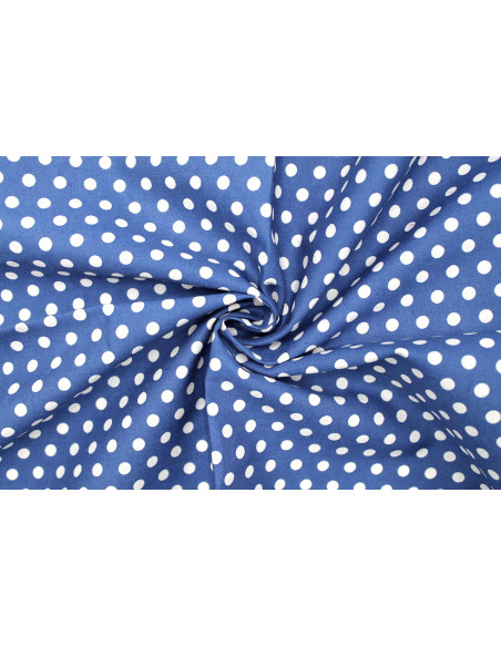 Tissu Popeline Coton Imprimé Fond Indigo Pois Blanc -Au Mètre